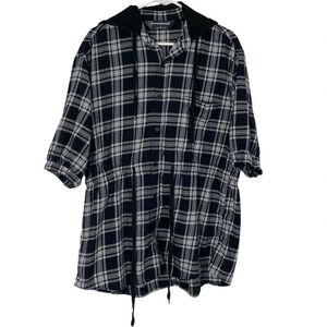 Norma Kamali Flannel Hoodie Shirt Womens Medium Black Plaid Hooded Tunic Top